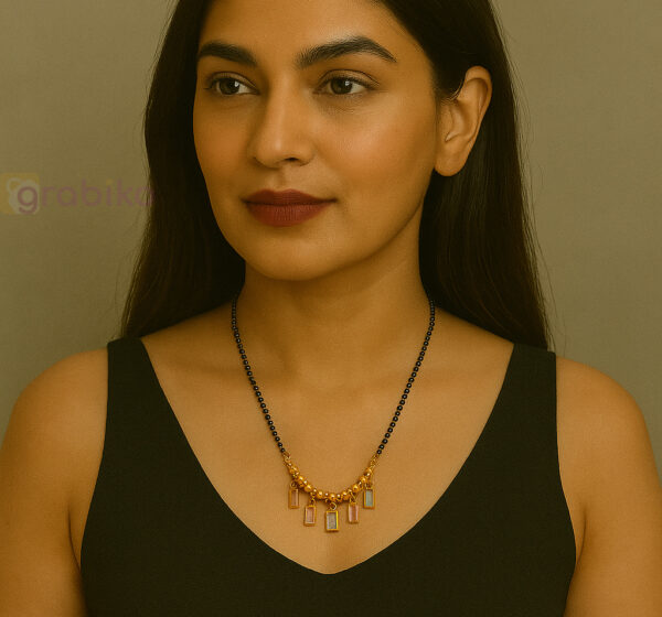 Gold Plated Mangalsutra with Double Black Beads and Pastel Stone Drops for Women