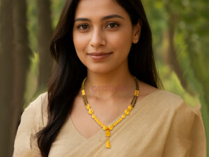 Gold-plated mangalsutra with a modern design, black beads, green and red gemstones, and a hanging golden tassel pendant.