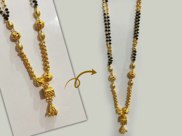 Gold-plated mangalsutra with a modern design, black beads, green and red gemstones, and a hanging golden tassel pendant.