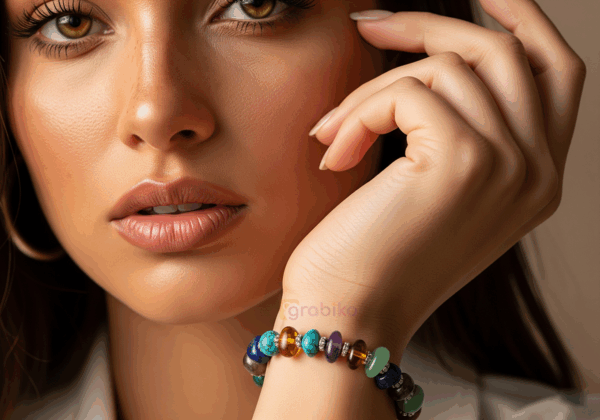 Multicolored gemstone bead bracelet with adjustable gold chain – stylish handcrafted fashion jewelry for women by Grabiko.