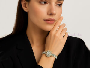 Close-up of luxury crystal flower bracelet with halo design and baguette stones on adjustable chain