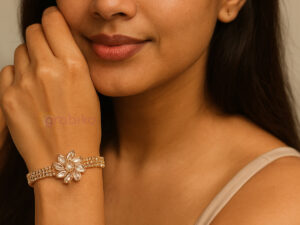 Elegant rose-gold bracelet with floral crystal centerpiece and adjustable chain