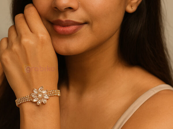 Elegant rose-gold bracelet with floral crystal centerpiece and adjustable chain