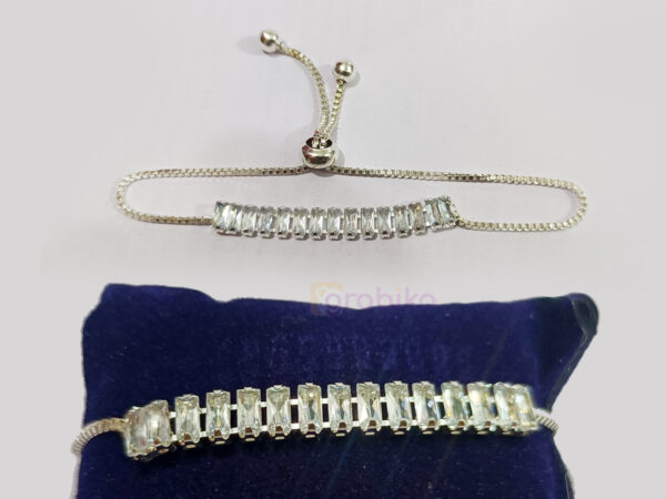 Elegant silver adjustable bracelet with baguette-cut zircon stones for women