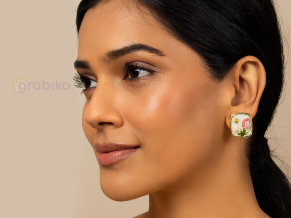Pink Flower Pearl Stud Earrings with Gold Frame and Enamel Detailing
