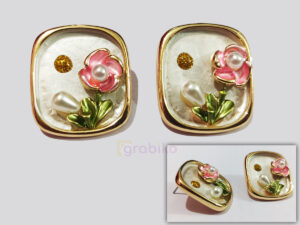 Pink Flower Pearl Stud Earrings with Gold Frame and Enamel Detailing