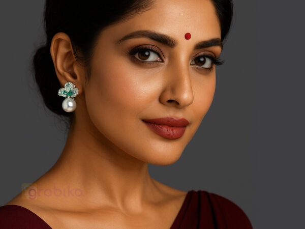 Green Floral Pearl Drop Stud Earrings with Silver Plating
