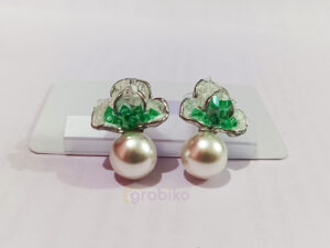 Green Floral Pearl Drop Stud Earrings with Silver Plating