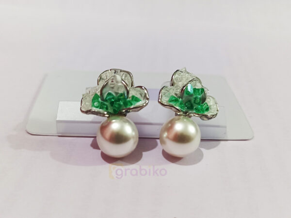 Green Floral Pearl Drop Stud Earrings with Silver Plating
