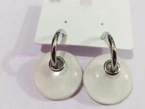 Minimalist White Round Drop Hoop Earrings with Silver Finish