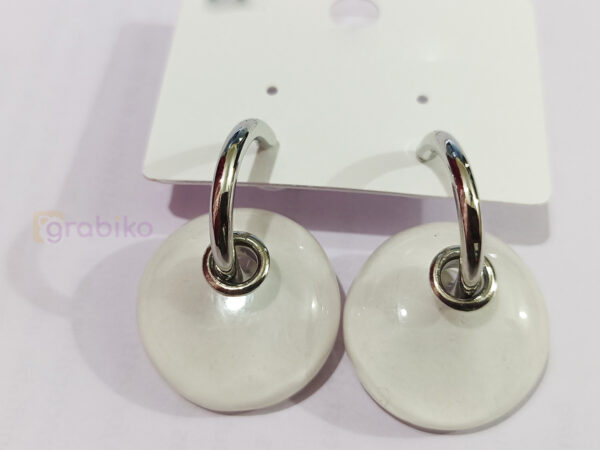 Minimalist White Round Drop Hoop Earrings with Silver Finish