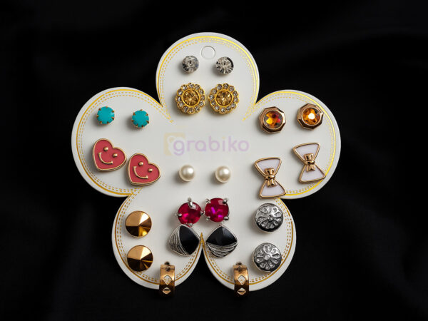 12 Pairs Stud Earrings Combo Set for Women – Hearts, Pearls, Crystals, Bows & Trendy Studs