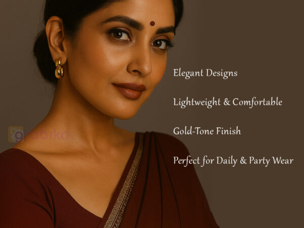 Trendy 3-pair earring combo for women with gold hoops, blue butterfly dangle earrings, and evil eye drops.