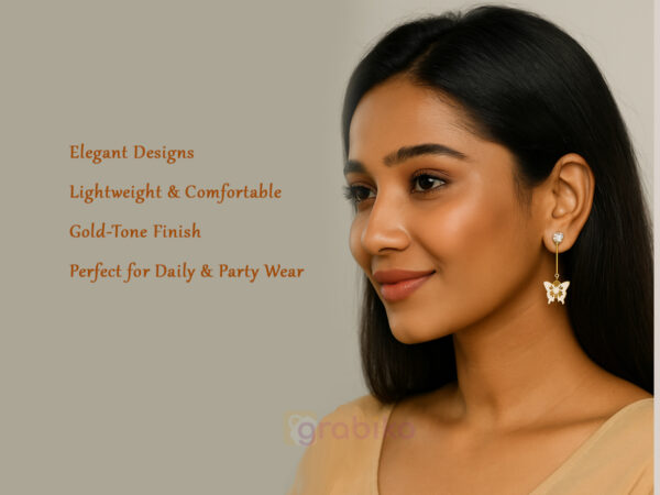 Trendy 3-pair earring combo with butterfly dangles, pink pearl floral drops, and gold clover studs.