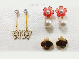 butterfly dangles, pink pearl floral drops & gold clover studs
