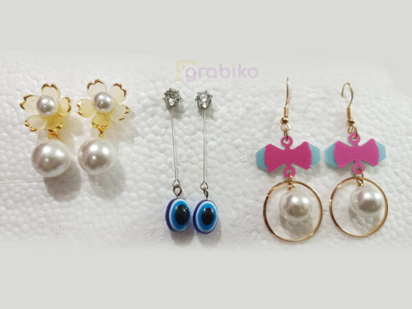 Combo set of 3 stylish earrings for women – pearl studs, evil eye danglers, and bow hoop pearls