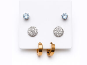 Blue Crystal, Silver Stud & Gold Hoop Earrings Set