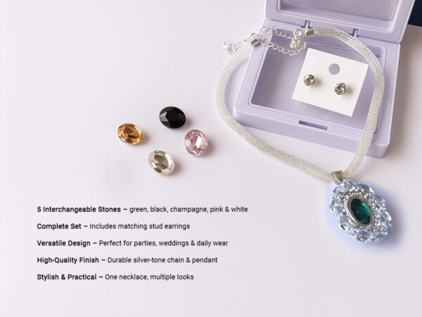 Silver necklace set with 5 interchangeable stones and earrings