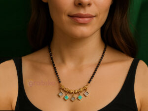 Elegant gold plated mangalsutra with black beads and square gemstone pendants