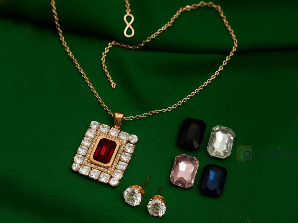 Gold plated necklace with 5 interchangeable stones and stud earrings