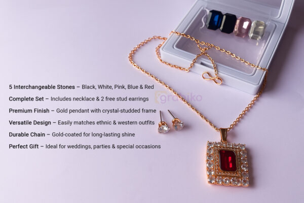 Gold plated necklace with 5 interchangeable stones and stud earrings