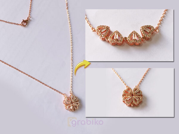 Rose gold magnetic necklace with convertible heart and clover pendant.