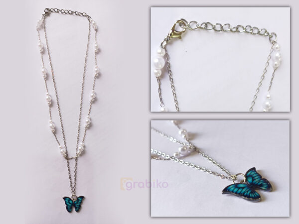 Two-layer necklace featuring a pearl choker chain and a long silver chain with a blue butterfly pendant, worn by a modern woman.